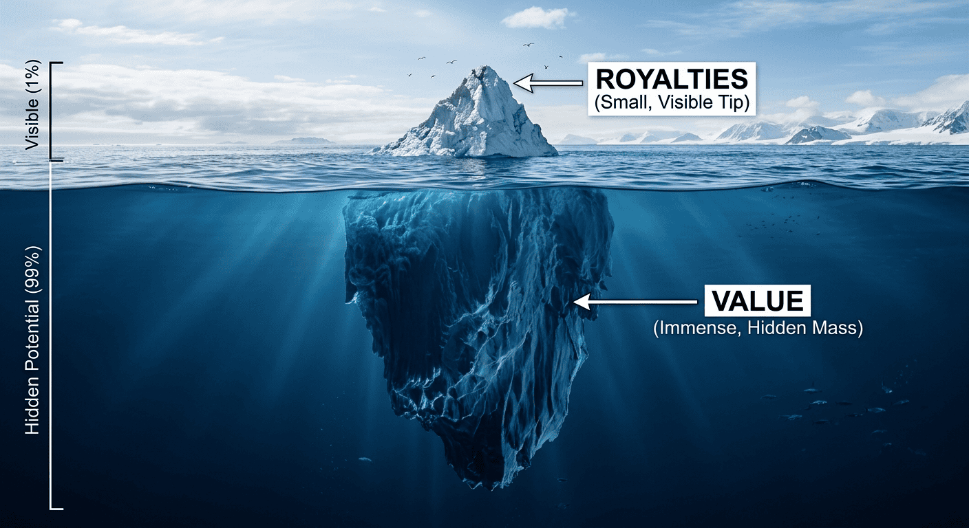 Iceberg analogy — royalties are the visible tip, but the immense hidden mass represents the true value of patent ownership